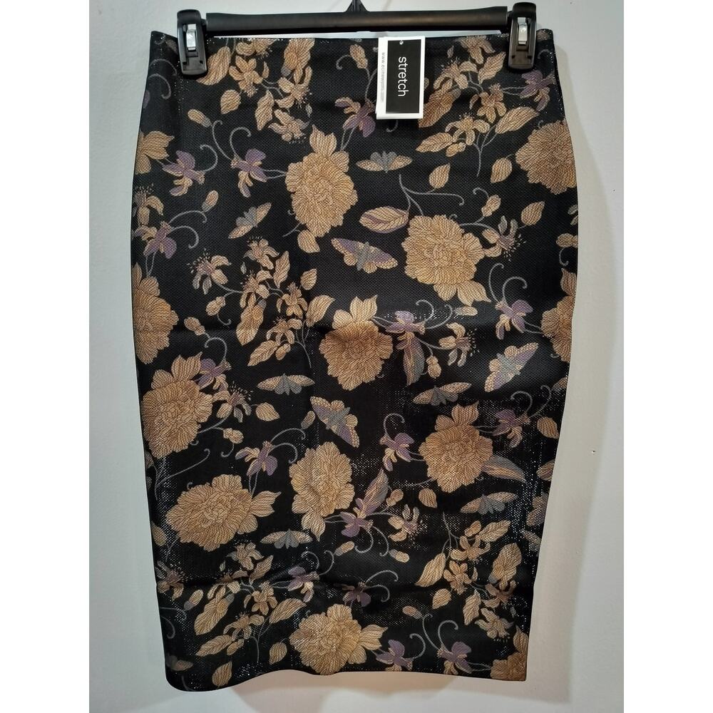 Eci New York Stretch Mesh Floral Skirt Black Beige Midi Pencil Womens 10 - Picture 1 of 10